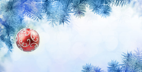 Red Christmas Ball on the Blue Christmas Tree