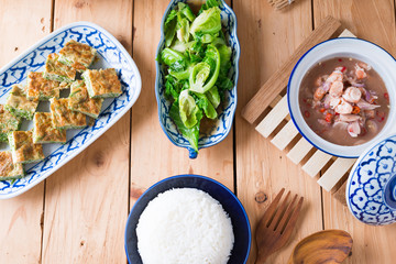 Thai food, Stir fried Cabbage  with Oyster sauce , Acacia Pennata Omelette and Shrimp-paste sauce