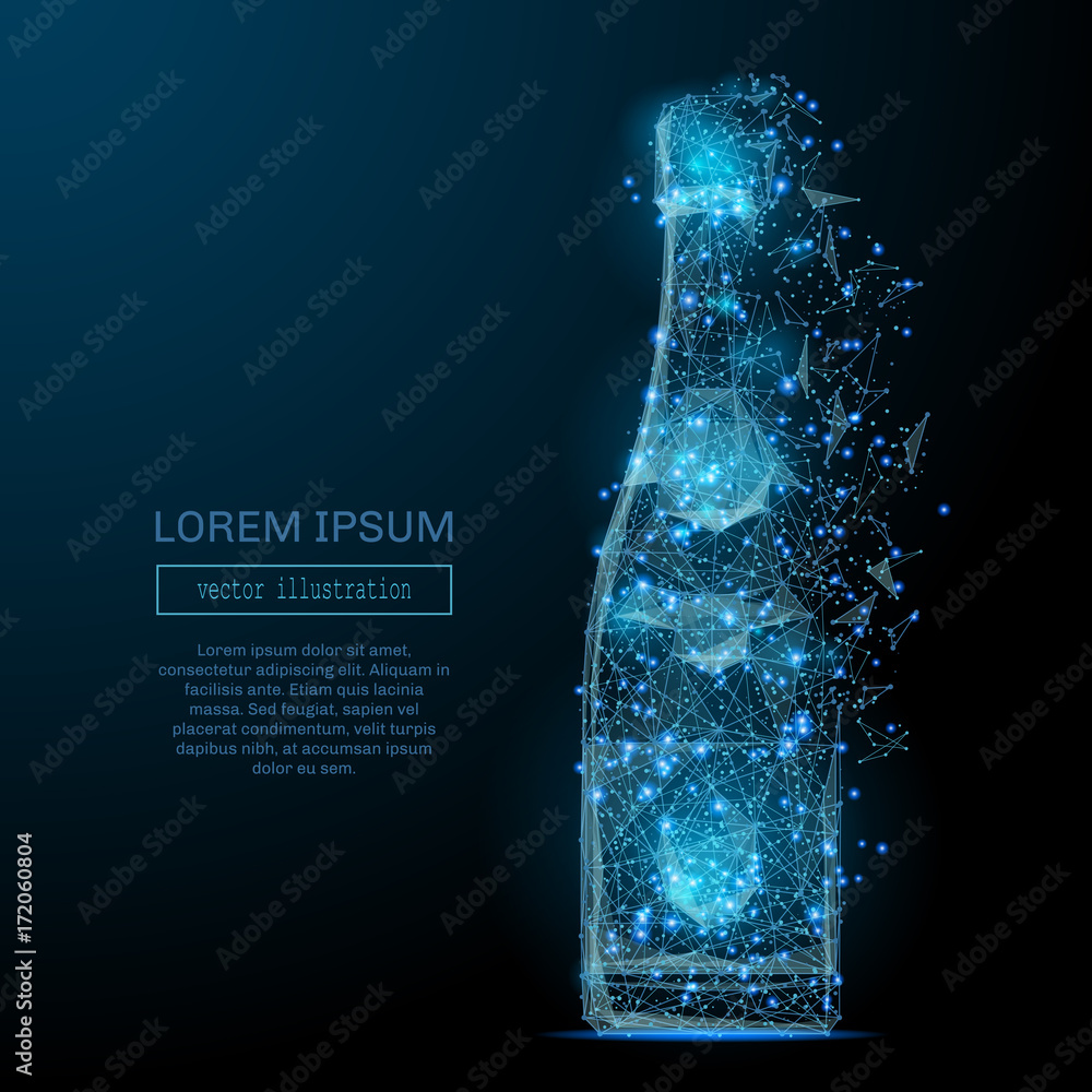 Poster Abstract image of a bottle of champagne low poly in the form of a starry sky or space, consisting of points, lines, and shapes in the form of planets, stars and the universe. Vector wireframe concept.