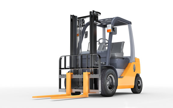 3d rendering forklift truck on white background. Front side view. Bottom view