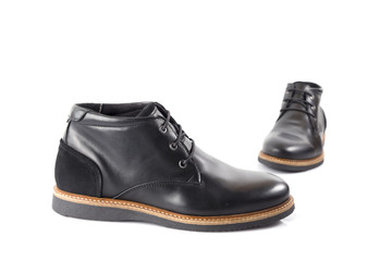 Male Black Leather Boot on White Background, Isolated Product.