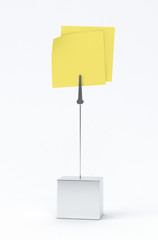 Two yellow sticky note reminders with cube holder, 3D render