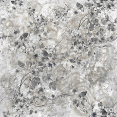 Watercolor painting of leaf and flowers, seamless pattern