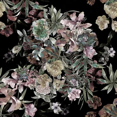 Aquarellmalerei von Blättern und Blumen, nahtloses Muster auf dunklem Hintergrund © photoiget