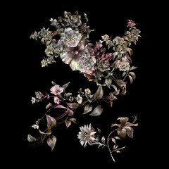akwarela malarstwo liści i kwiatów, na ciemnym tle - 172061879