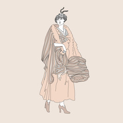 Fototapeta na wymiar Beautiful retro style woman. Vector nude illustration. Vintage girl in winter clothes with fur clutch