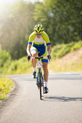 Obraz na płótnie Canvas Porfessional cyclist riding a bike uphill