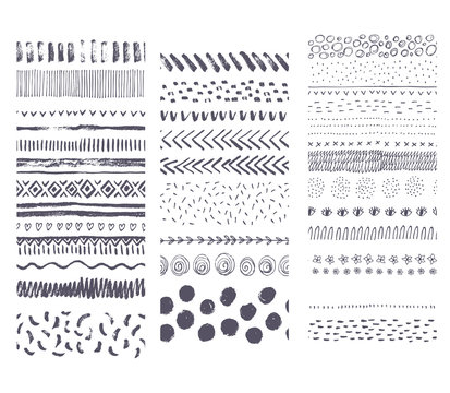 Set of vector seamless hand drawn ink textures. It can be used for simple and creative striped seamless patterns. Collection of handwritten brushes.