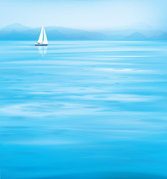 Vector blue sea  and yacht, mountains  background.