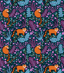 Tropical vector seamless pattern with rainforest plants and red pandas. Stylish trendy design for fabric or wrap paper.