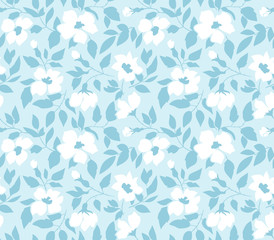 Vector seamless background with  wild roses, vintage style. Hand drawn fabric design. Stylish blue floral seamless pattern.