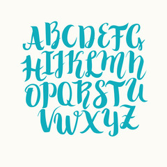 Handwritten lettering vector font aphabet. Coloring english capital letters. Blue colors typography, isolated on white background