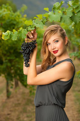 Beautiful young woman in vineyard holding a grape