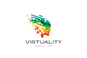 Pixel Head Mind Logo vector. Virtual reality Life brain icon