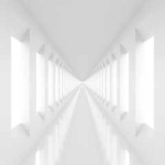 Obraz premium Futurystyczny pusty biały korytarz z prostokątnymi ścianami i oknami. Renderowanie 3D.