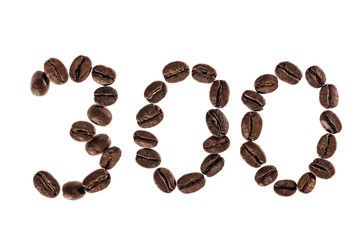 Number 300 from Coffee beans. Isolated on a white background.