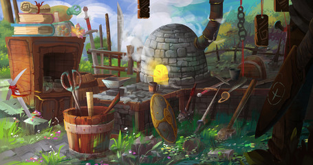 Medieval BlackSmith's Shop. Video Game's Digital CG Artwork, Colorful Concept Illustration, Realistic Cartoon Style Background   © info@nextmars.com