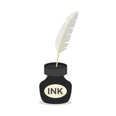 Feather quill pen standing in the bottle of ink icon. Flat illustration of feather quill pen standing in the bottle of ink vector