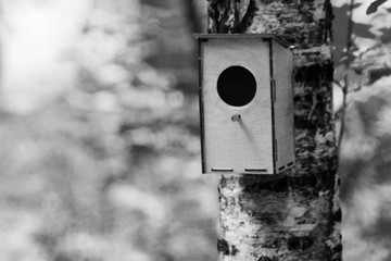 Little Birdhouse over wooden table outdoors in the garden