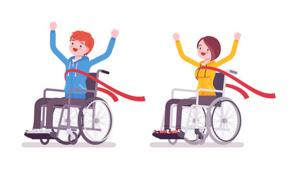 Male and female young wheelchair user crossing red finish line