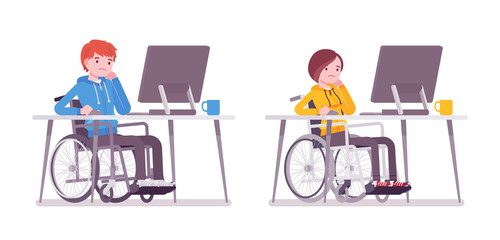 Male and female young wheelchair user working with computer