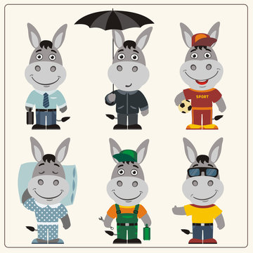 Collection isolated donkey in clothing in cartoon style. Set funny Donkey in different clothing: sportsman, worker, manager, summer, autumn, sleepwear. 