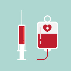 injection syringe and blood bag. Vector illustration medical icons