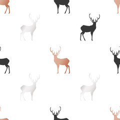 White Christmas and New Year's wrapping paper with deers of gold and bronze foil. Seamless vector pattern.