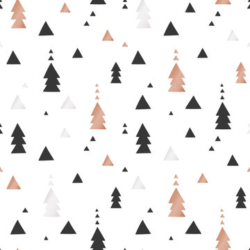 White Christmas And New Year's Wrapping Paper With Triangles Of Gold And Bronze Foil. Seamless Vector Pattern.