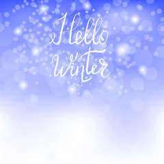 Hello Winter Lettering on Blue Sky Background