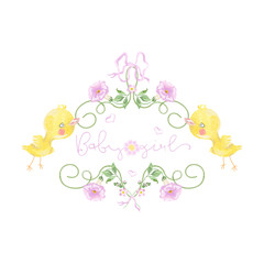 Embroidery baby floral pattern with chicks for girls. Vector embroidered blank with birds for newborns clothing design.