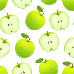 Realistic Green Apple Background Pattern on a White. Vector