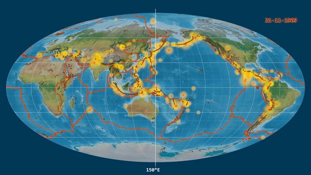 Earthquakes on the topographic map. Prime meridian 180 degree