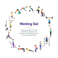 Cartoon Girl and Boy Workout Exercise in Gym Banner Card Circle. Vector