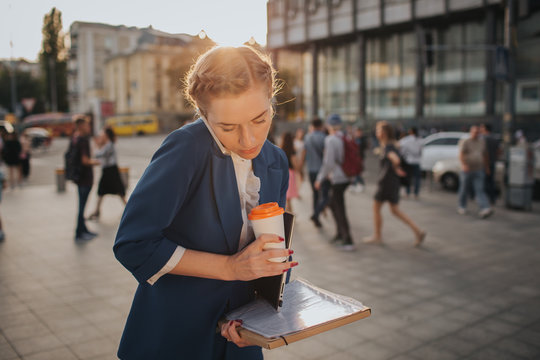 Worker Eating, Drinking Coffee, Talking On The Phone, At The Same Time. Businesswoman Doing Multiple Tasks. Multitasking Business Person.