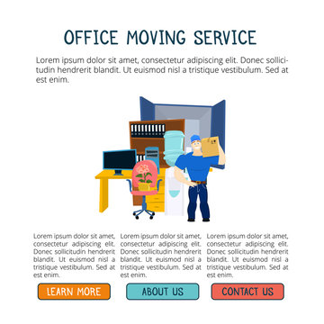 Moving service guy with furniture and moving truck vector illustration with copy space