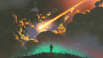 Fototapeten night scenery of a boy looking the meteor in the colorful sky, digital art style, illustration painting © grandfailure