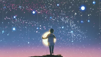 Türaufkleber der Junge, der den glühenden Mond hält, der gegen hängende Sterne am schönen Himmel steht, digitaler Kunststil, Illustrationsmalerei © grandfailure