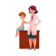 Obraz premium Young woman doctor, pediatrician listening to boy, kid, child heart with stethoscope, cartoon vector illustration isolated on white background. Doctor, pediatrician listening to boy, kid, child heart