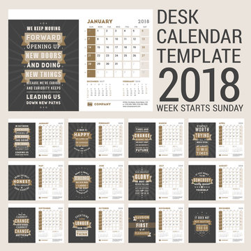 Desk Calendar Template for 2018 Year. Template with Motivational Quote. Set of 12 Months. Week starts on Sunday. Vector Illustration