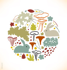 Round nordic floral image with chanterelle mushrooms, reindeer moss, gray lichens, needles