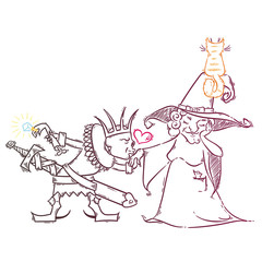 Cute cartoon with witch and lich. Love in happy Halloween