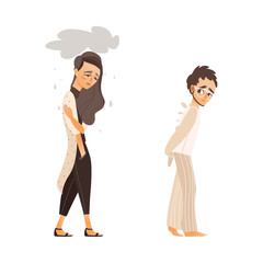 vector flat people suffering from mental illness set. Man anxious, walking in mental hospital uniform in depression fear, sad unhappy woman feel rain above her. Isolated illustration