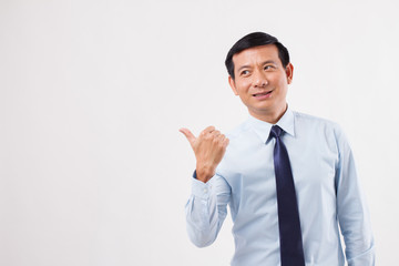 businessman pointing up thumb up to his side