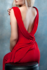 ..back woman in red dress - obrazy, fototapety, plakaty