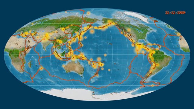 Earthquakes on the satellite map. Prime meridian: 180 degree