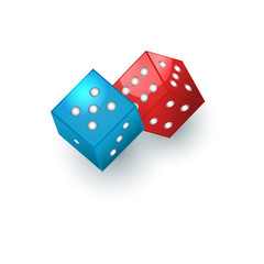 Couple of red and blue dices, gambling devices, vector illustration isolated on white background. Two dices, casino, gambling devices for throwing random numbers