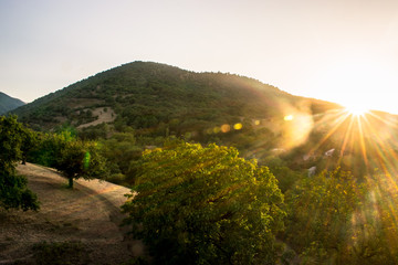 Fototapeta premium Majestic mountains landscape under sunset sky. Azerbaijan, Yardymli