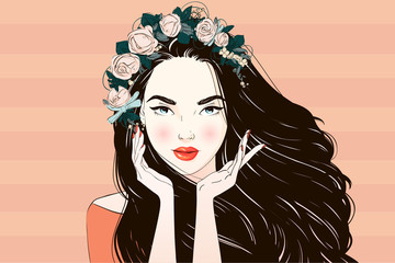 Portrait of young beautiful woman with flowers in long hair. Vector hand drawn illustration.