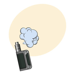 Hand drawn vape, vaping device with smoke cloud, sketch vector illustration i with space for text. Realistic hand drawing of vape, vaporizer device emitting smoke cloud